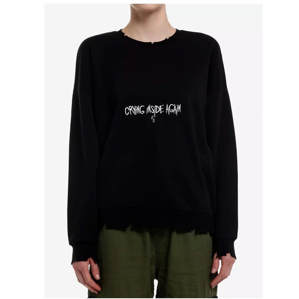 Social Collision Sweatshirt Women XS Black Crying Inside Distress Oversized Emo